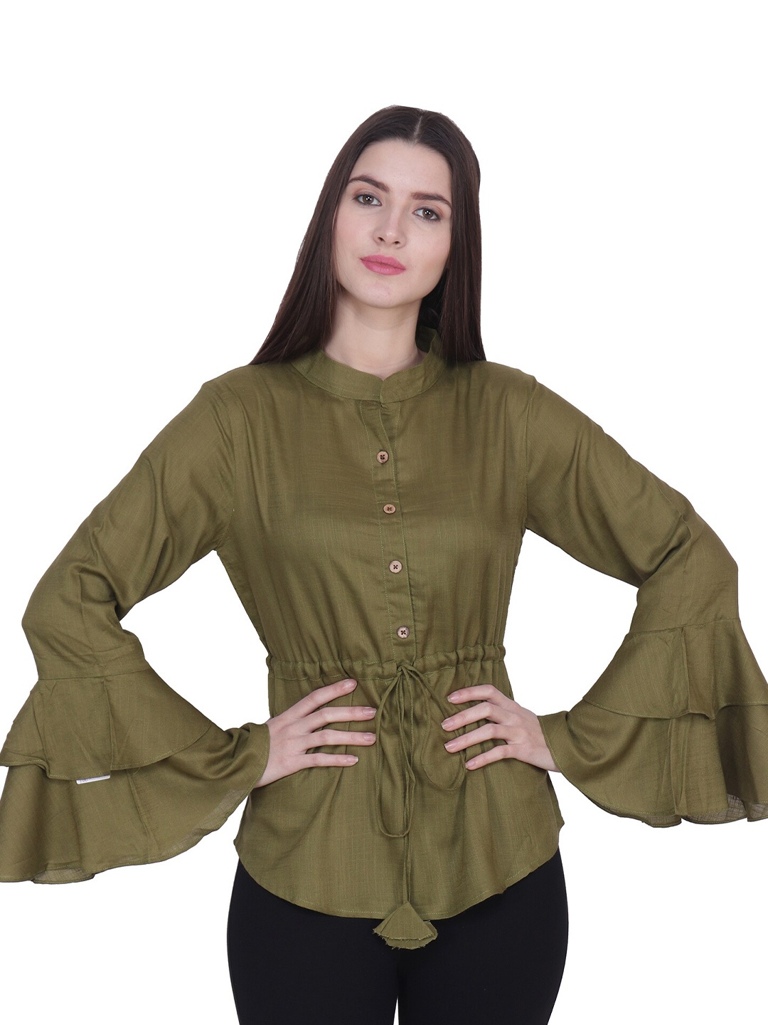 

BAESD Mandarin Collar Bell Sleeve Shirt Style Top, Olive