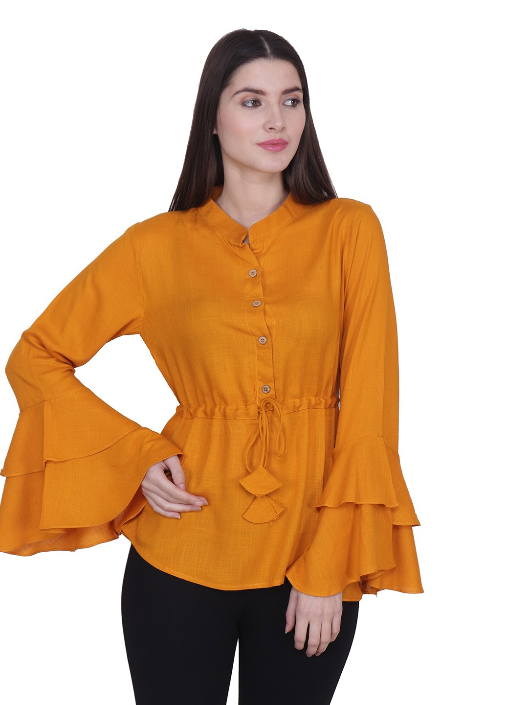 

BAESD Mandarin Collar Long Bell Sleeve Shirt Style Top, Mustard