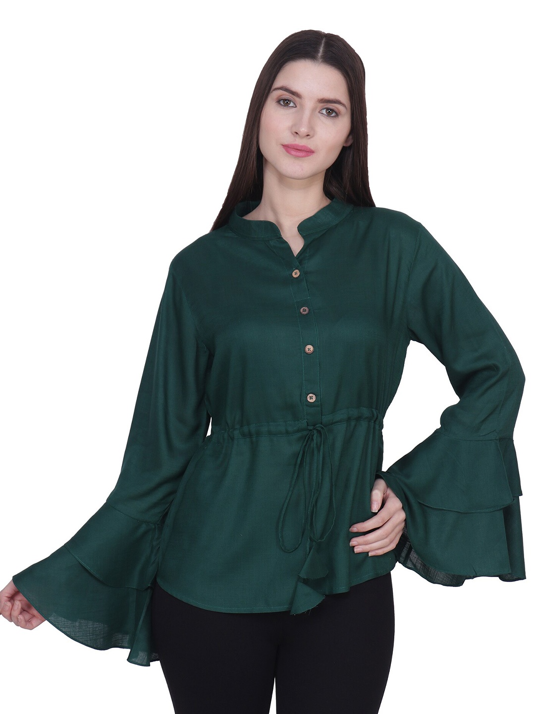 

BAESD Mandarin Collar Bell Sleeves Cinched Waist Top, Green