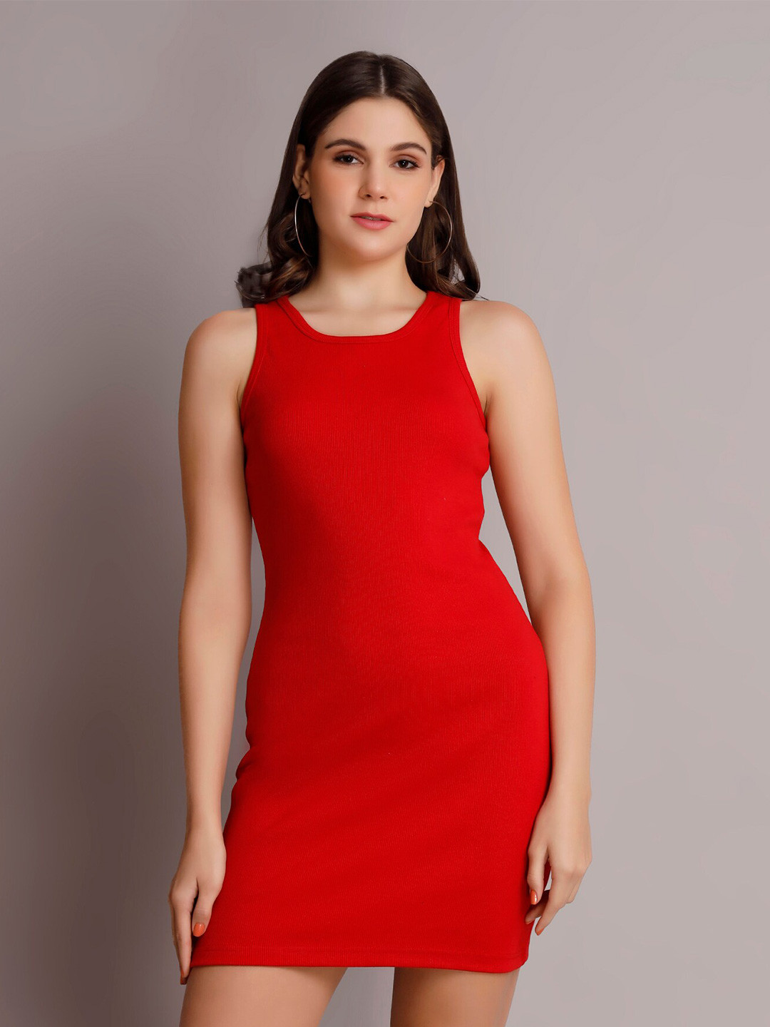 

VISO Bodycon Round Neck Sleeveless Bodycon Mini Dress, Red
