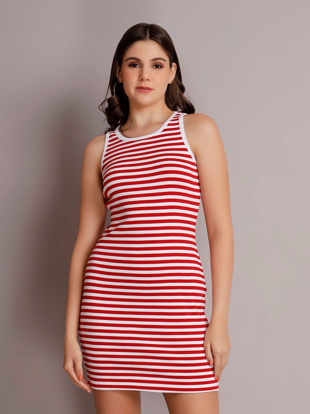 

VISO Striped Round Neck Sleeveless Bodycon Mini Dress, Red