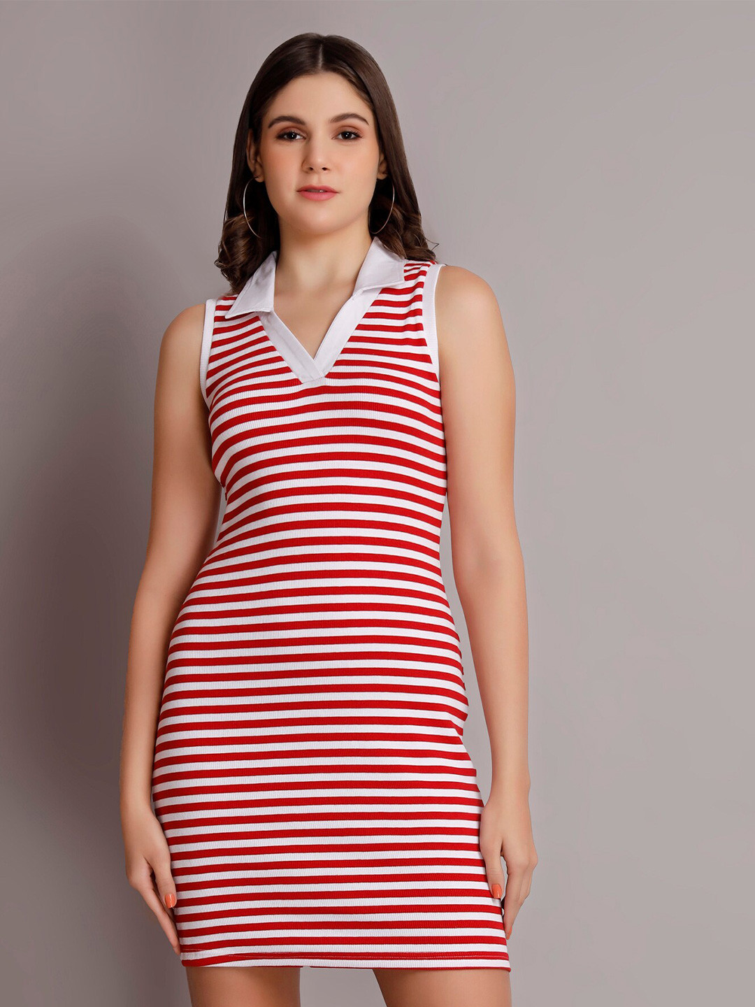 

VISO Striped Shirt Collar Sleeveless T-shirt Mini Dress, Red