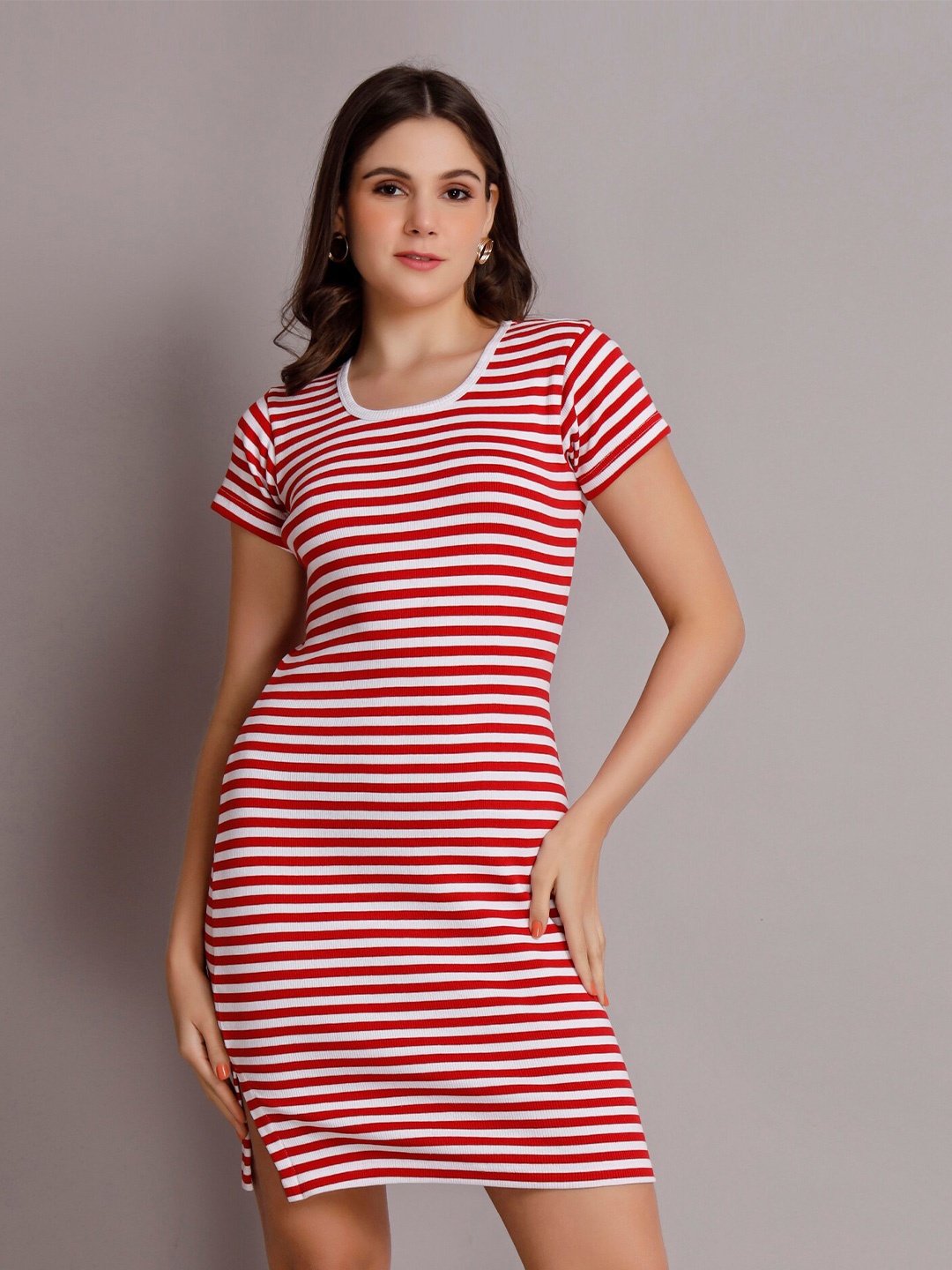 

VISO Striped Round Neck Short Sleeves T-shirt Dress, Red