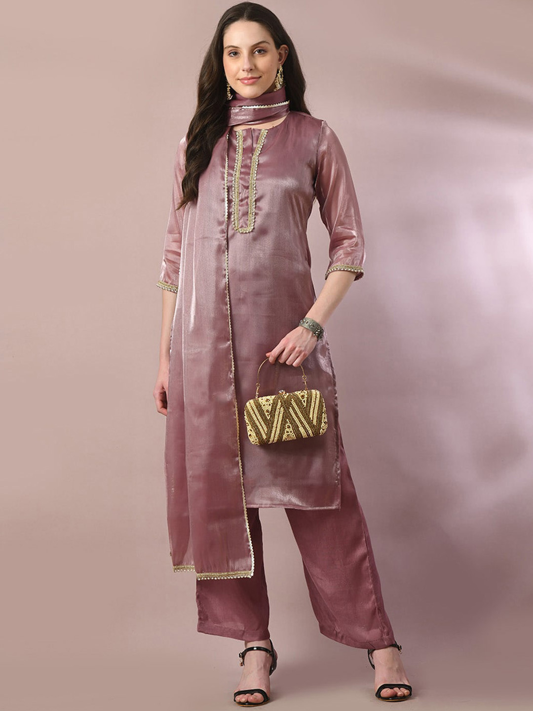

Sangria Embroidered Round Neck Straight Kurta With Trousers With Dupatta, Brown