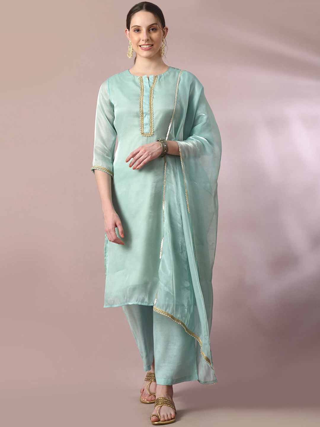 

Sangria Embroidered Round Neck Straight Kurta With Trousers & Dupatta, Sea green