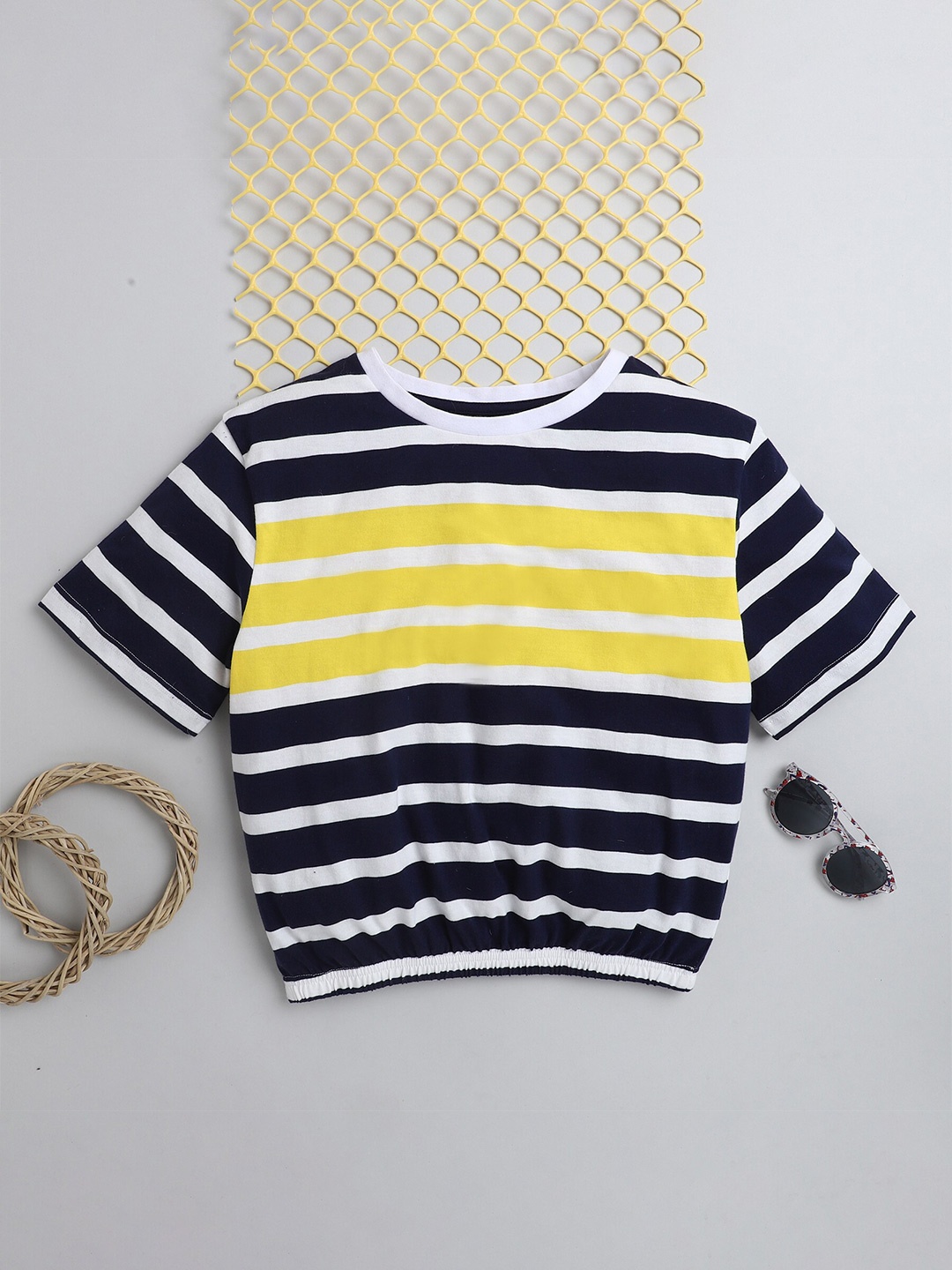 

BAESD Girls Horizontal Striped Pure Cotton Cinched Waist Crop Top, Navy blue