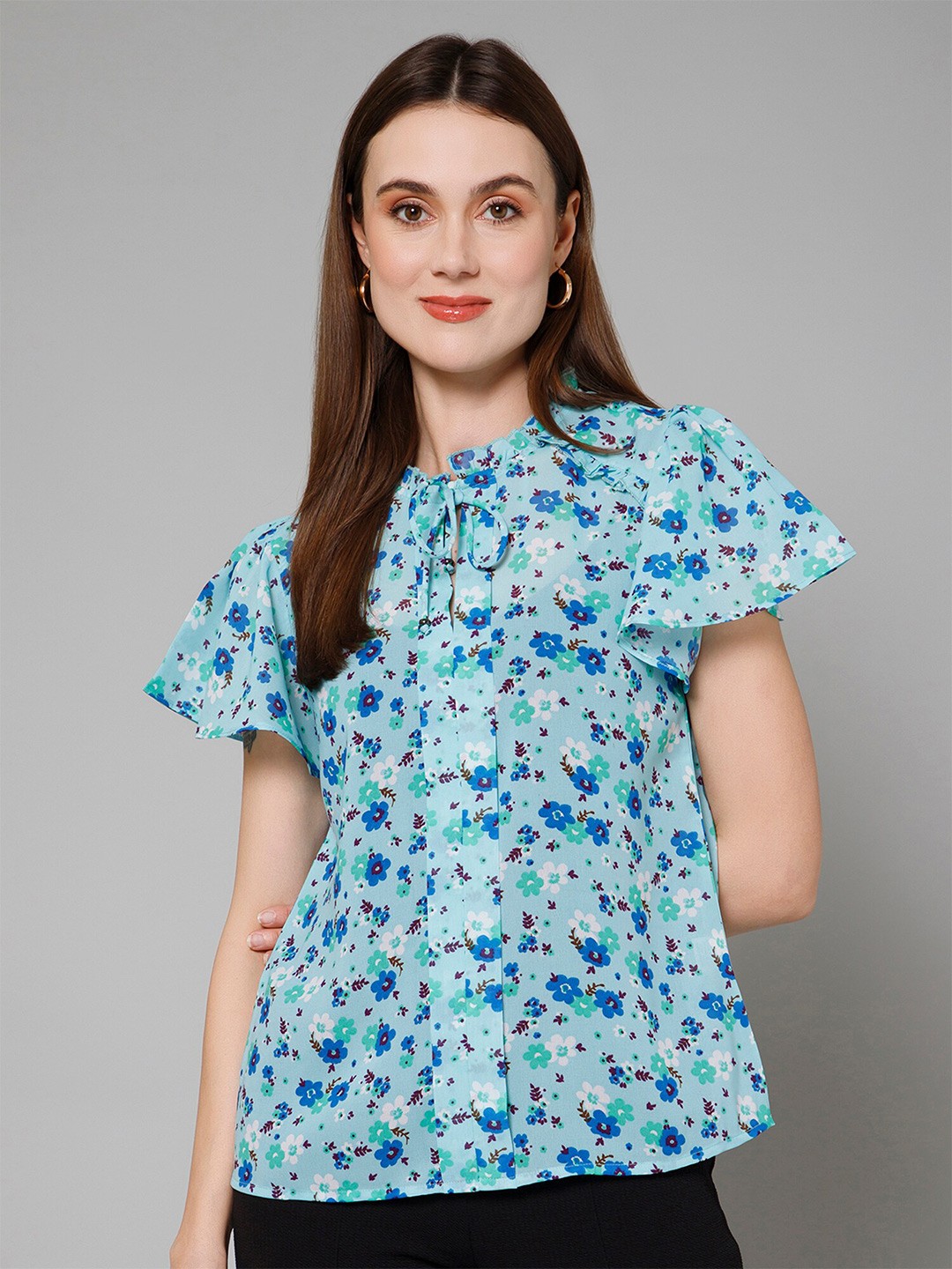 PURYS Floral Printed Tie-Up Neck Flutter Sleeves Georgette Top, Blue