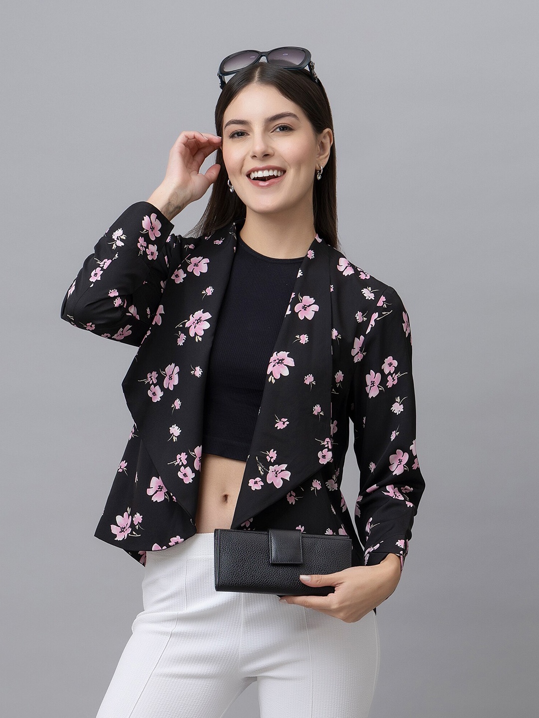 

PURYS Floral Printed Open Front Shrug, Black