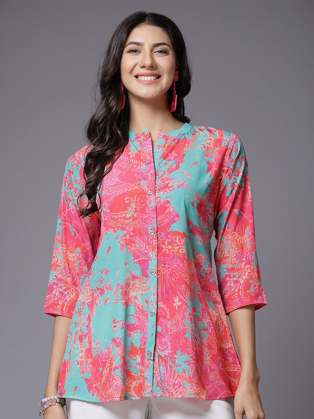 

TANKHI Print Mandarin Collar Top, Pink