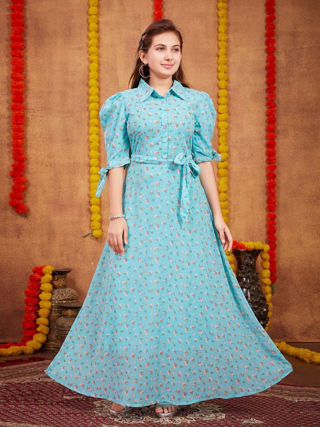 

Aarika Girls Floral Printed Shirt Collar Puff Sleeves Georgette Maxi Dress With Belt, Turquoise blue