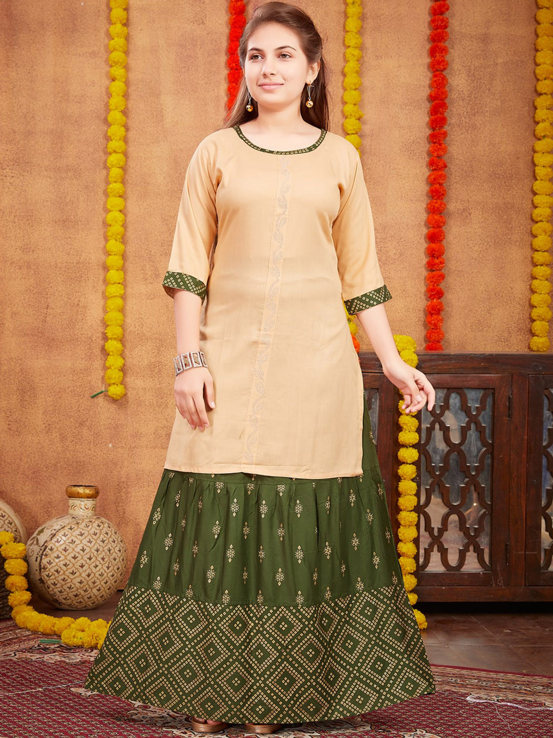 

Aarika Girls Beads & Stones Detailed Straight Kurta With Skirt, Beige