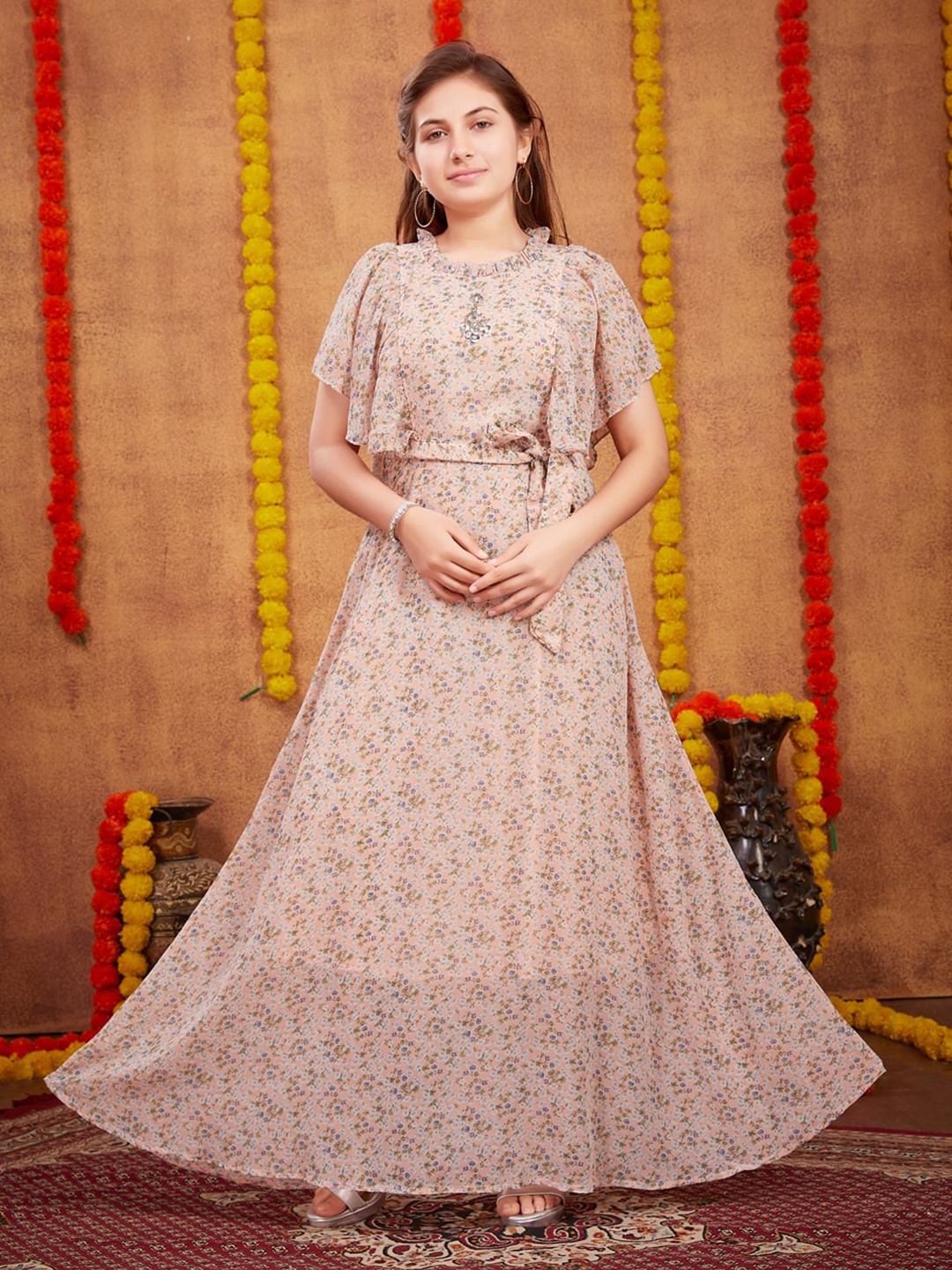 

Aarika Girls Floral Printed Flared Sleeve Georgette Maxi Dress With Belt, Peach