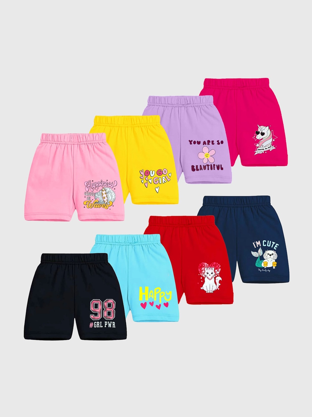 

KUCHIPOO Girls Pack Of 8 Typography Printed Shorts, Black