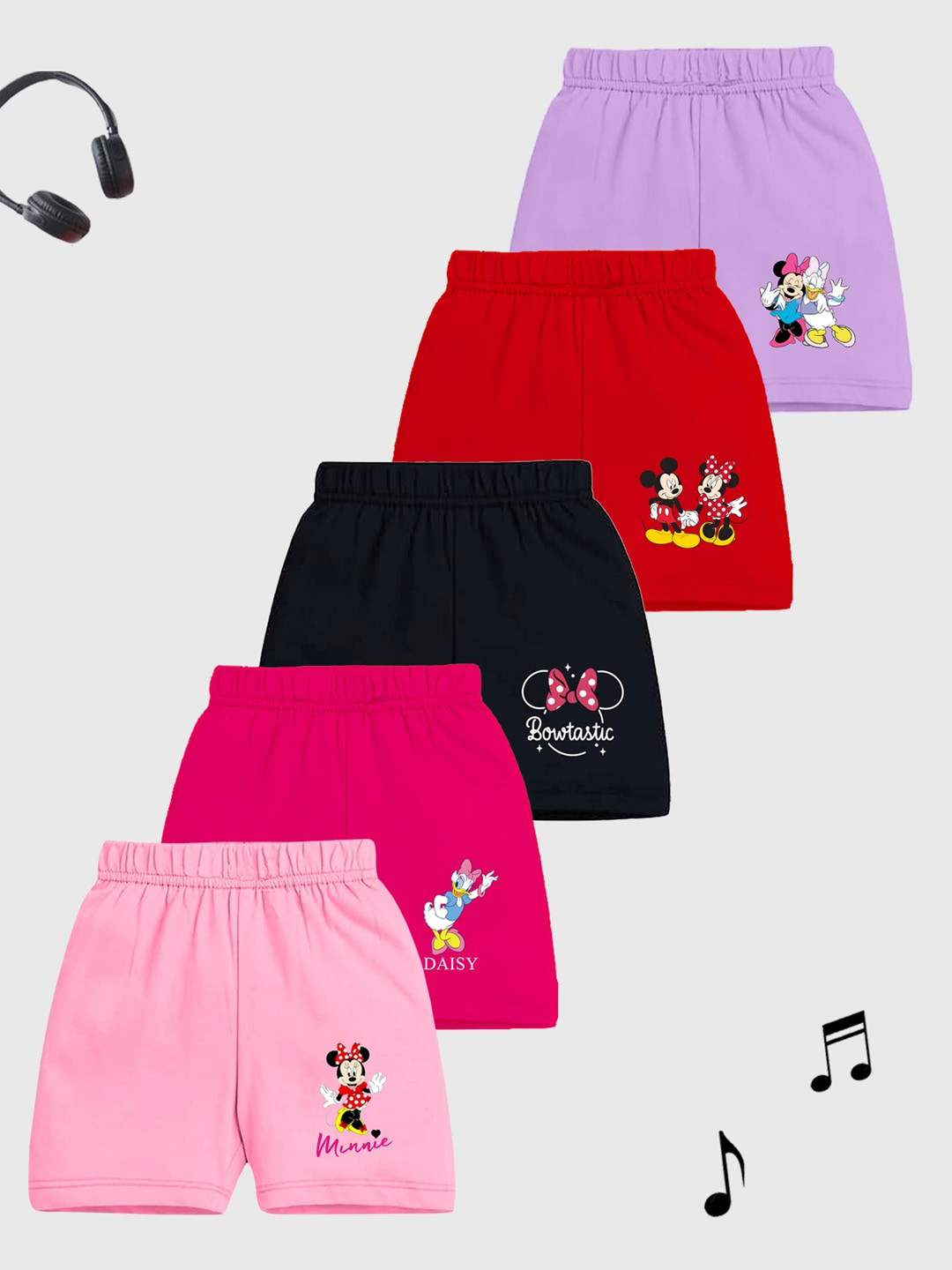 

KUCHIPOO Girls Pack Of 5 Mickey & Friends Printed Shorts, Purple