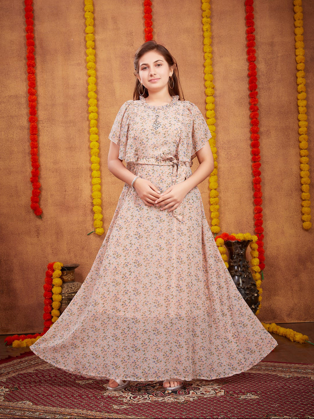 

BAESD Floral Printed Flared Sleeves Maxi Dress With Belt, Peach
