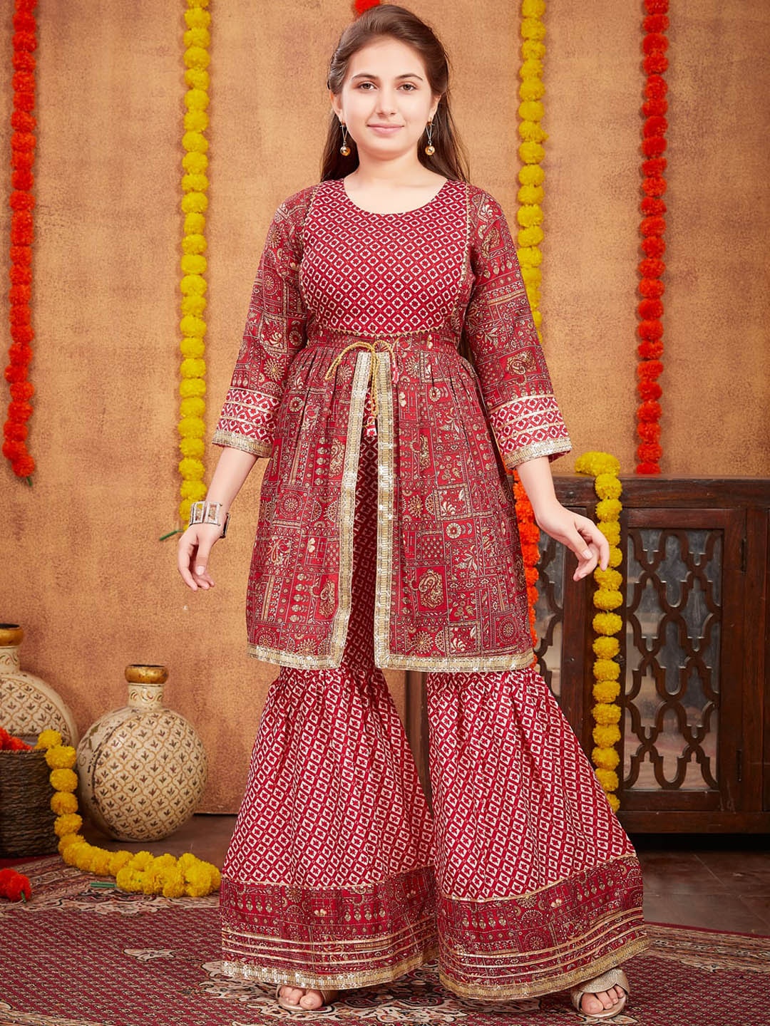 

BAESD Girls Ethnic Motifs Printed Empire Gotta Patti Pure Cotton A-Line Kurta with Sharara, Maroon