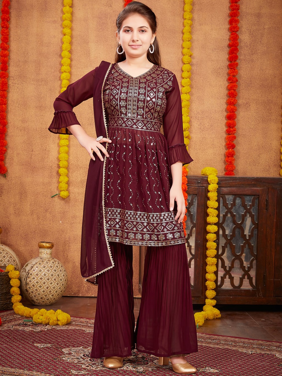 

BAESD Girls Ethnic Motifs Embroidered Empire Sequinned Kurta With Sharara & Dupatta, Burgundy