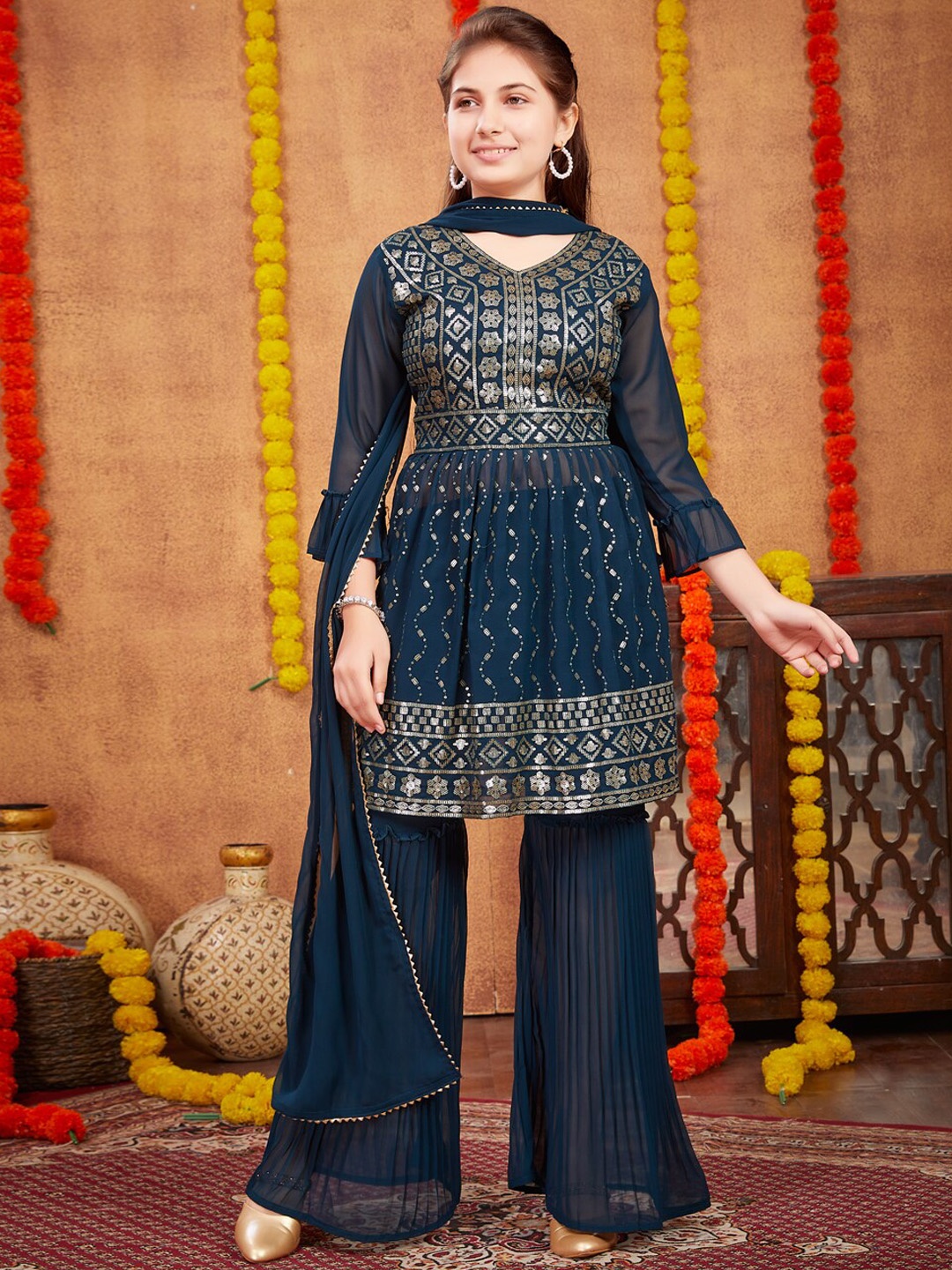

BAESD Girls Ethnic Motifs Embroidered Pleated Sequinned Kurta With Sharara & Dupatta, Teal