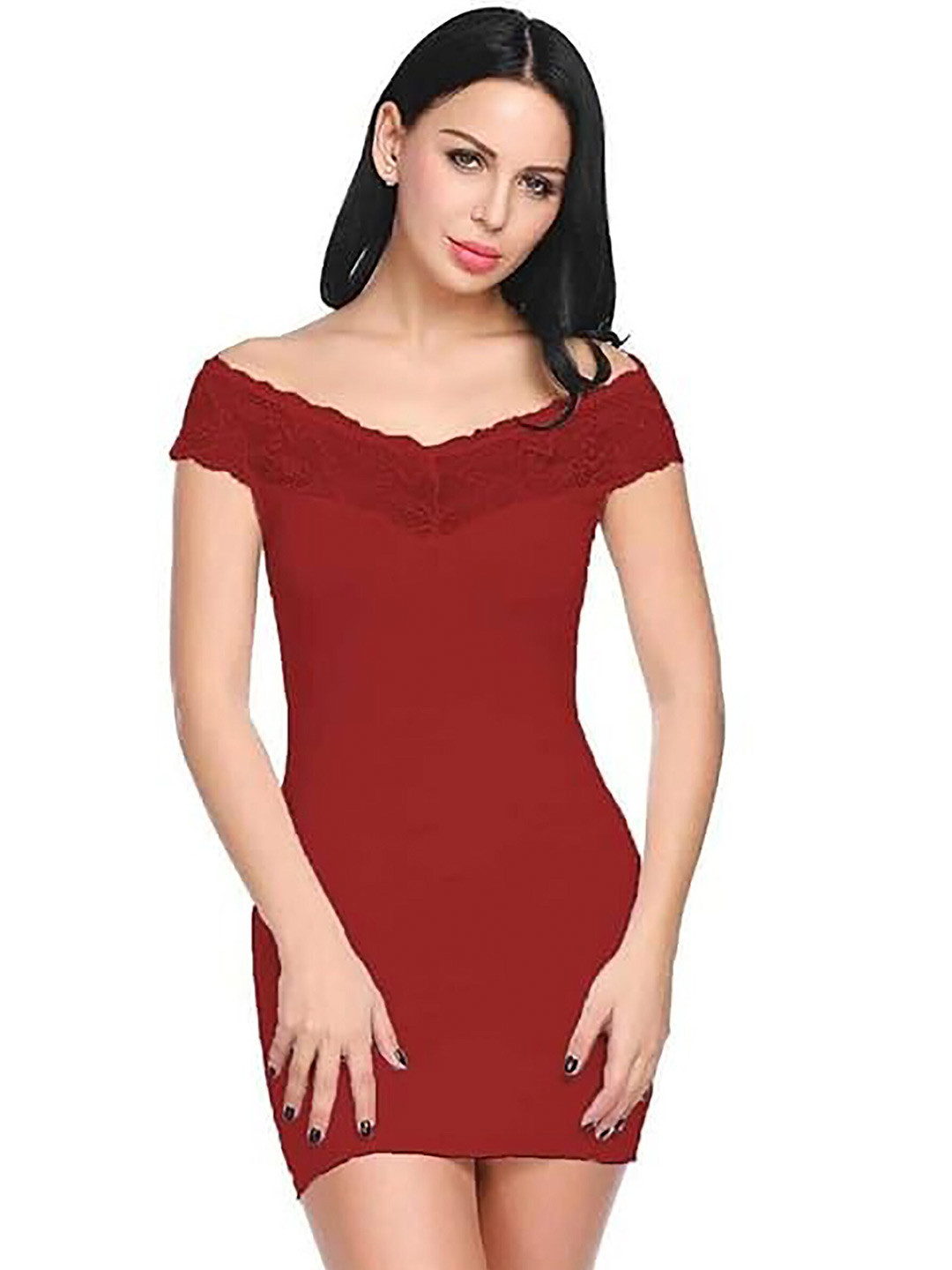 

PIBU Self Designed V-Neck Net Baby Doll, Red