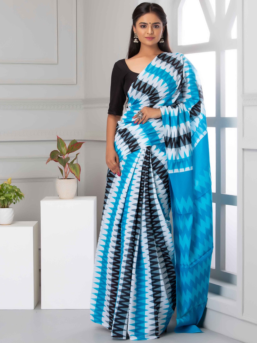 

PALLO LATKE Pure Cotton Block Print Saree, Turquoise blue