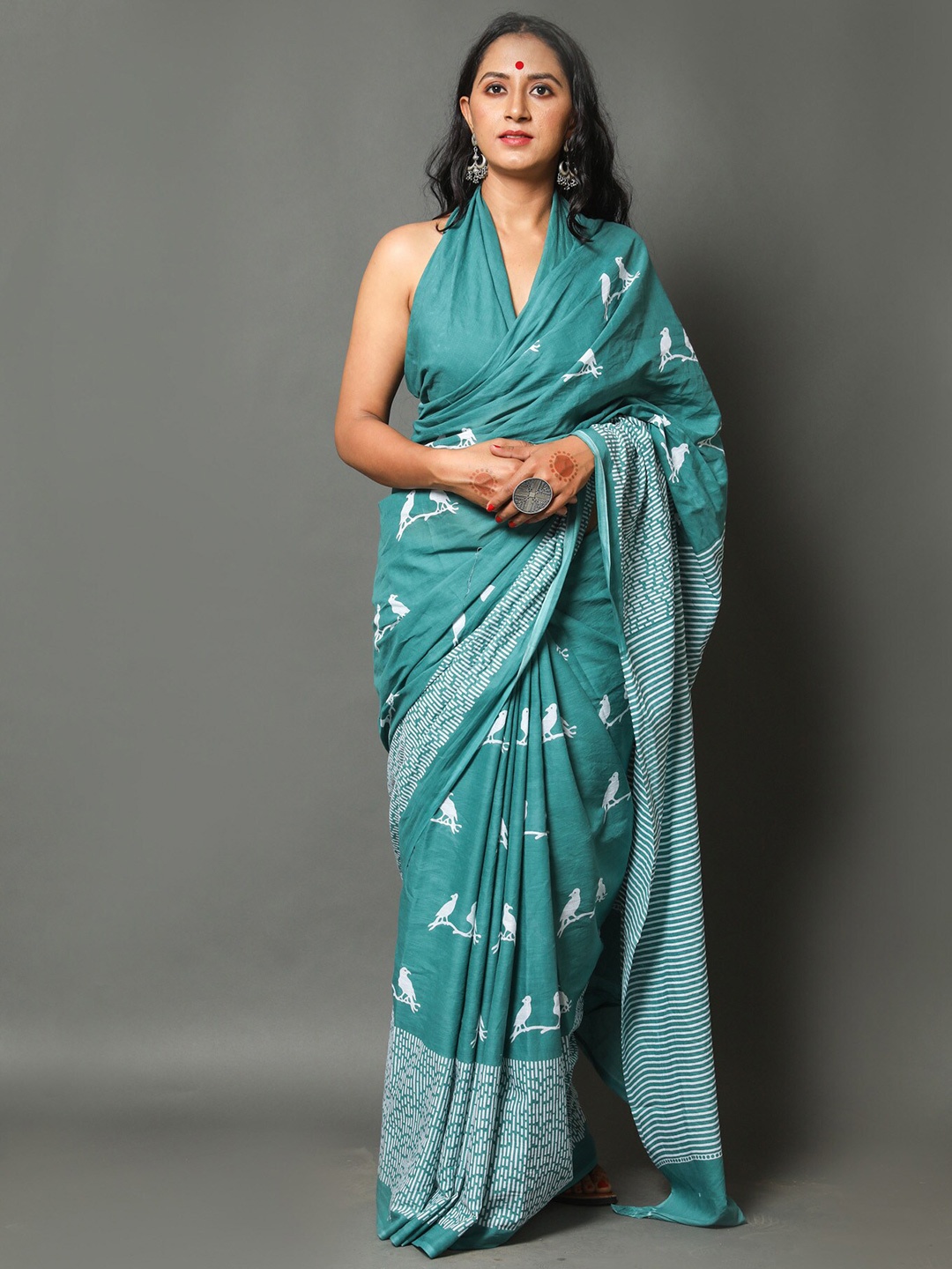 

PALLO LATKE Kalamkari Pure Cotton Block Print Saree, Sea green