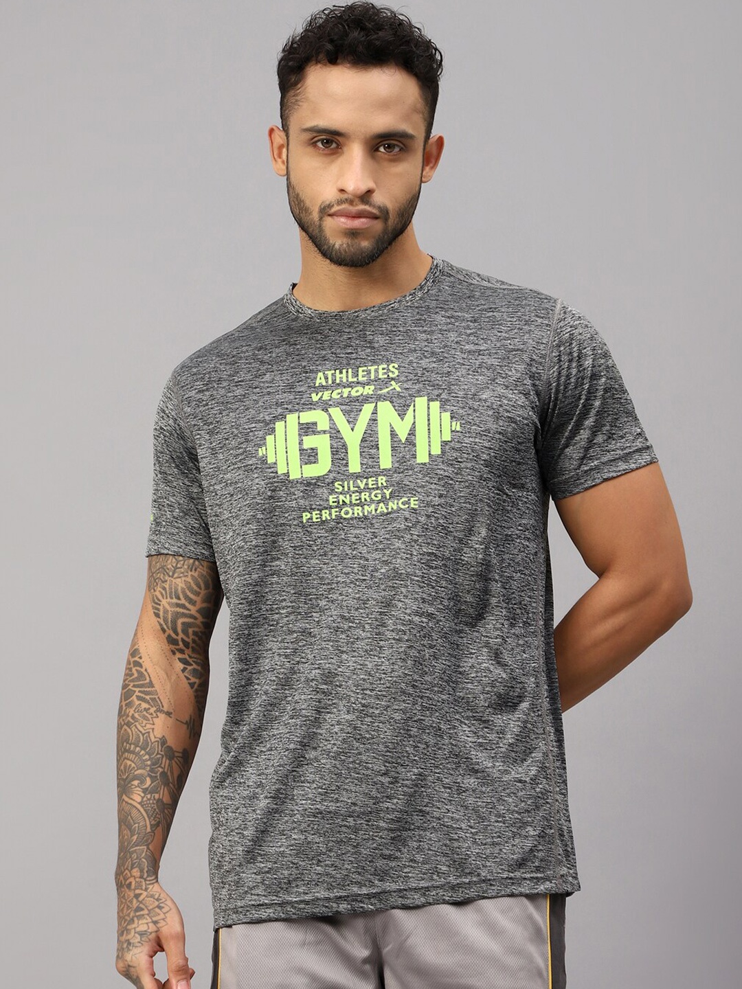 

VECTOR X Typography Printed Round Neck Sports T-shirt, Grey