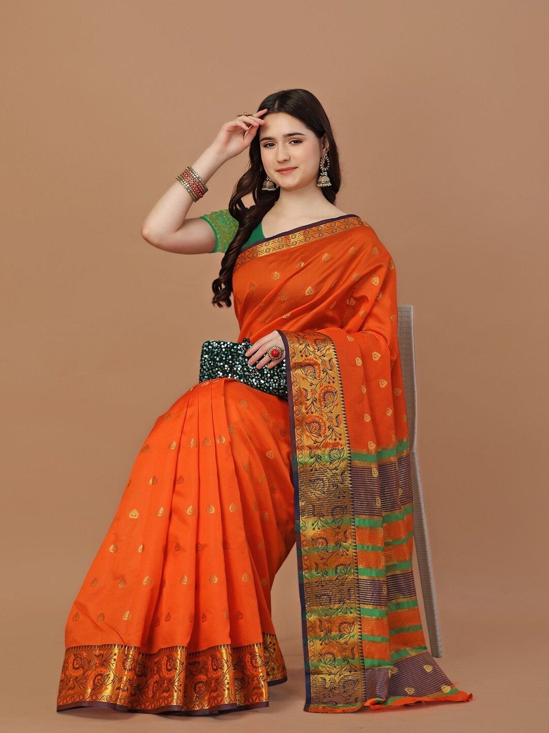 

JUST FASHION Woven Design Zari Art Silk Banarasi Saree, Orange