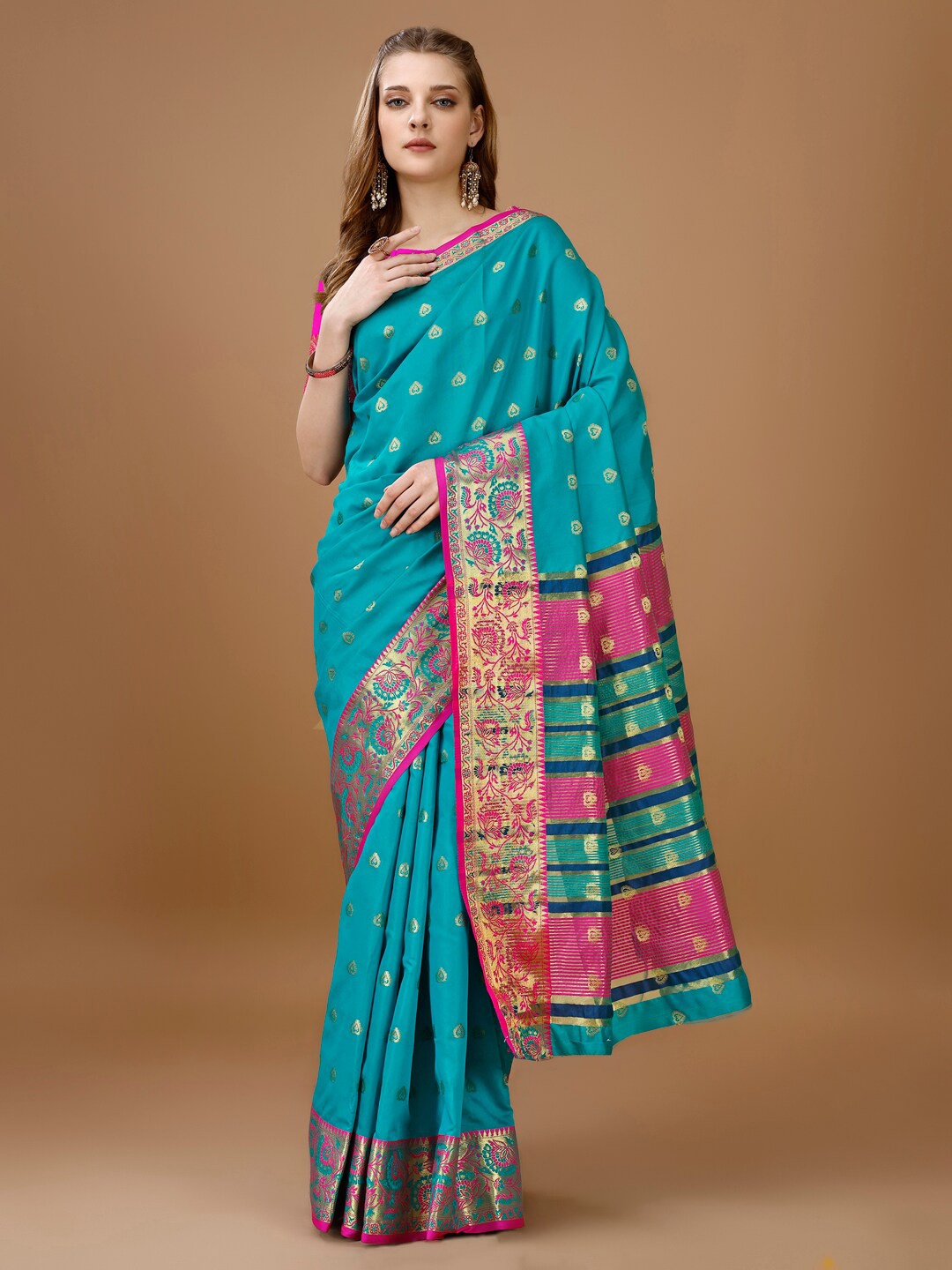 

JUST FASHION Woven Design Zari Art Silk Banarasi Saree, Turquoise blue