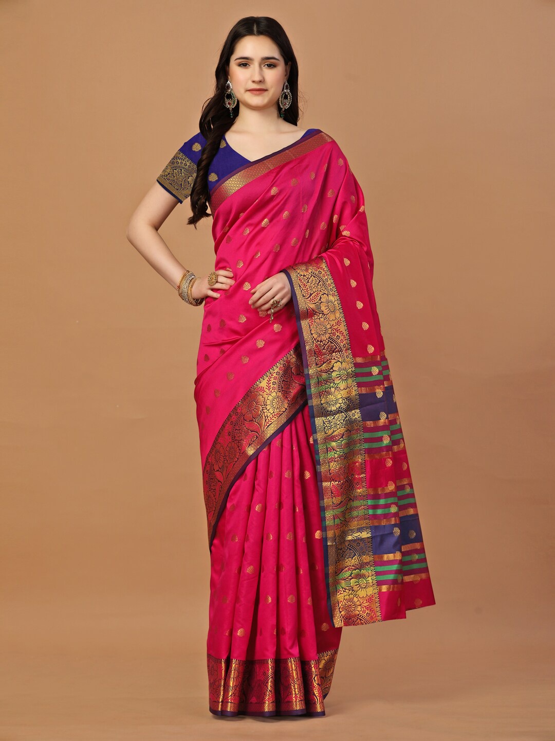 

JUST FASHION Ethnic Motifs Zari Art Silk Banarasi Saree, Pink