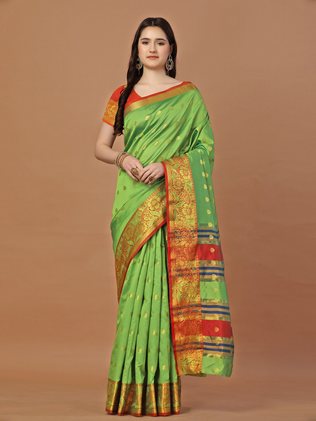 

JUST FASHION Ethnic Motifs Zari Art Silk Banarasi Saree, Green