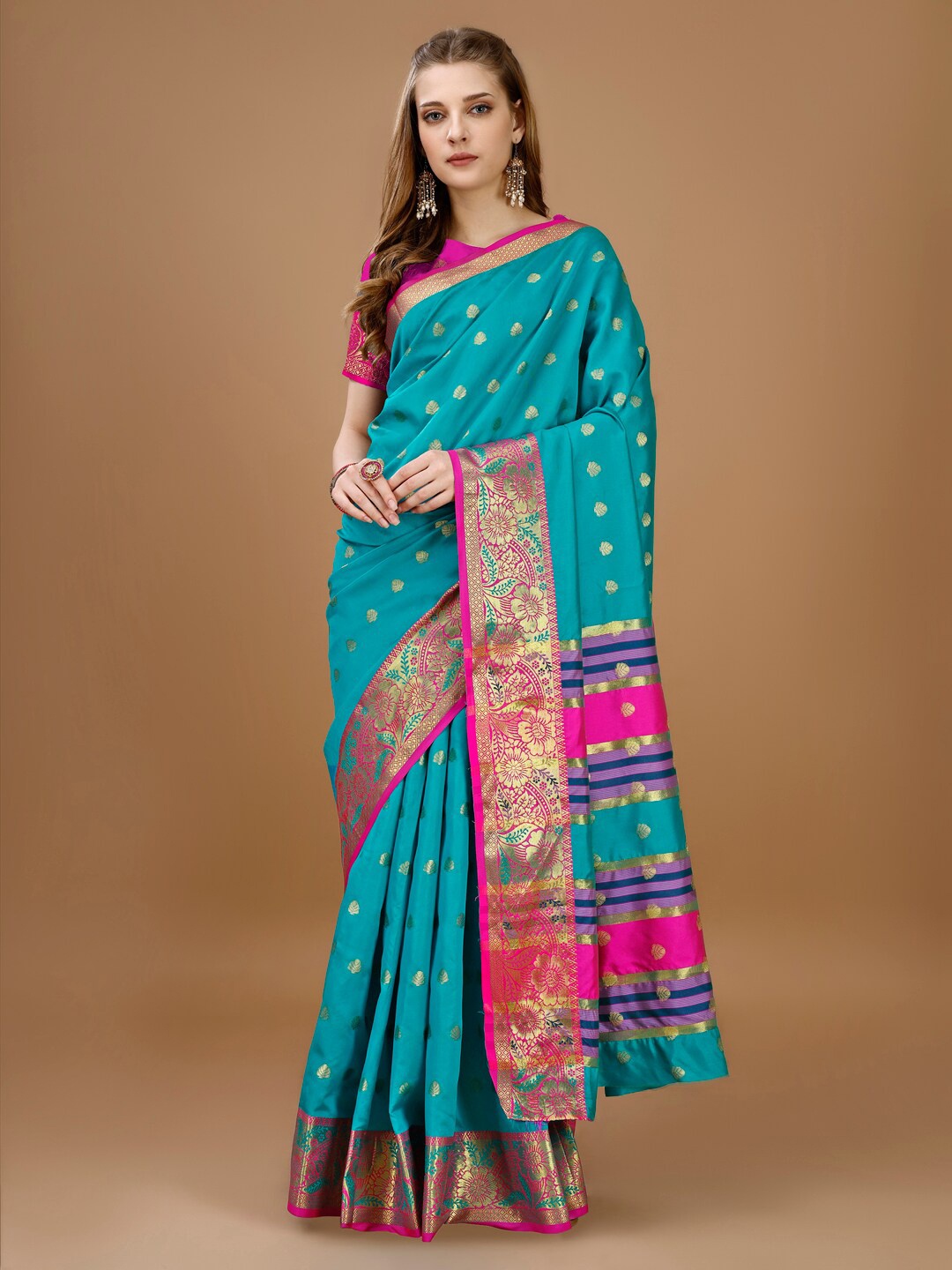 

JUST FASHION Ethnic Motifs Zari Art Silk Banarasi Saree, Turquoise blue