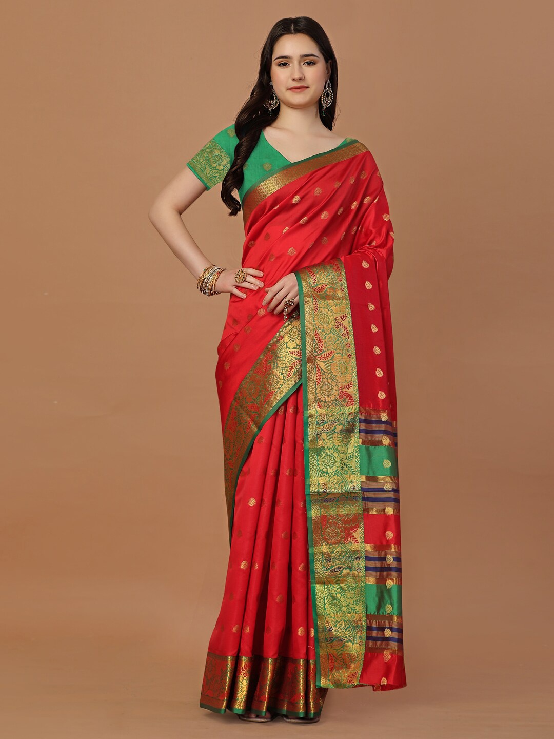 

JUST FASHION Ethnic Motifs Zari Art Silk Banarasi Saree, Red