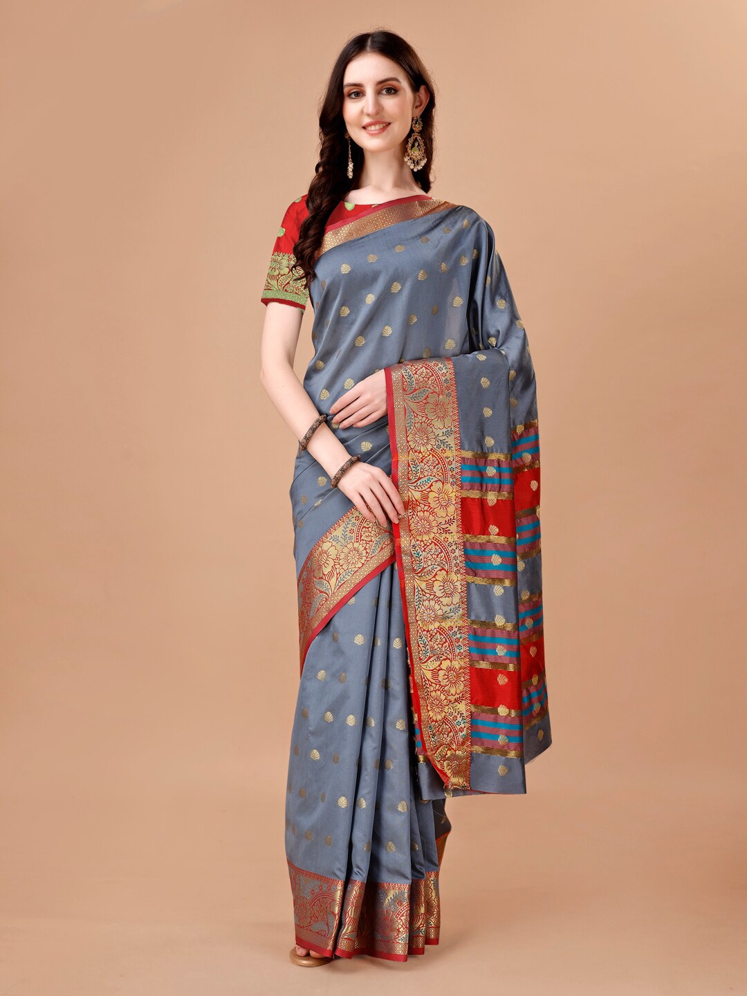 

JUST FASHION Ethnic Motifs Zari Banarasi Saree, Grey