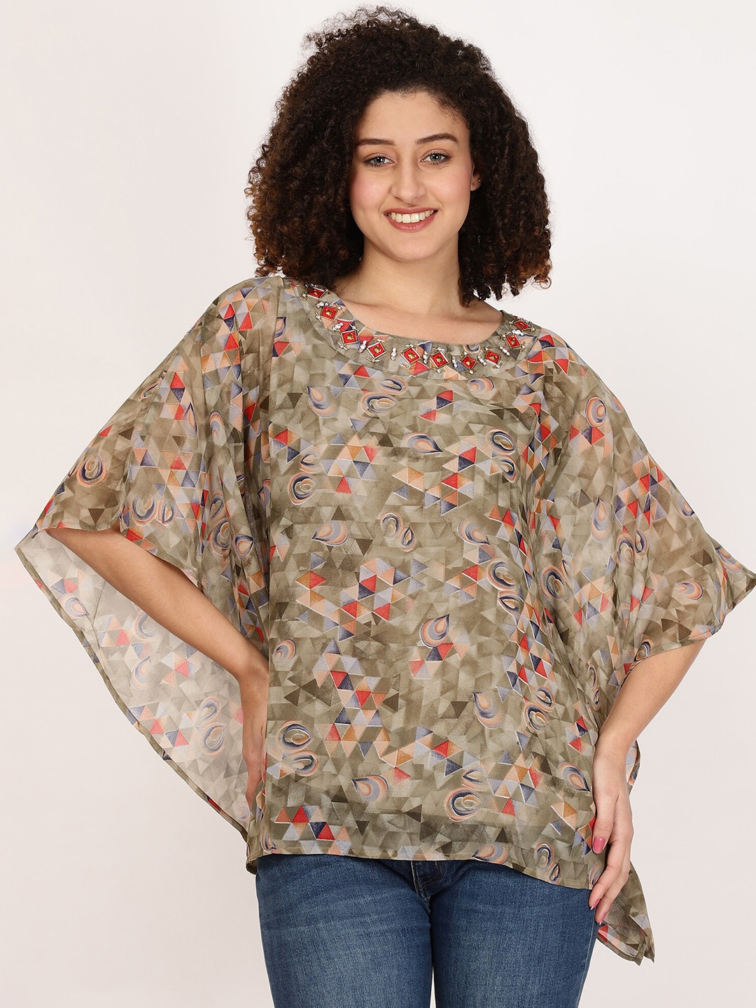 

FUTURO Geometric Printed Kimono Sleeve Kaftan Top, Orange