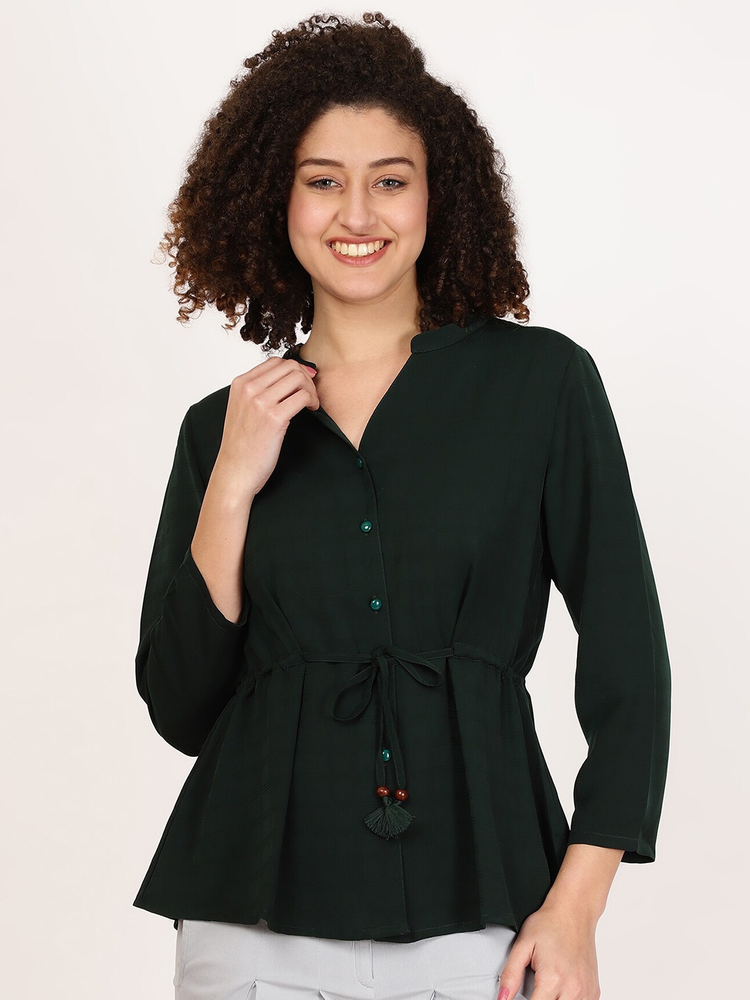 

FUTURO Mandarin Collar Cinched Waist Top, Green