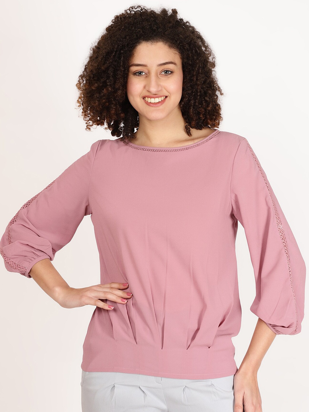 

FUTURO Cuffed Sleeves Pleated Regular Top, Pink