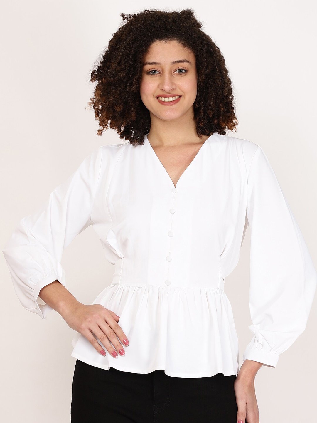 

FUTURO V-Neck Cuffed Sleeves Peplum Top, White