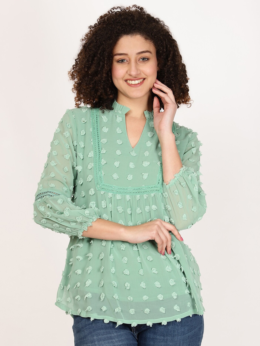 

FUTURO Self Design Mandarin Collar Cuffed Sleeves Pleated Top, Green