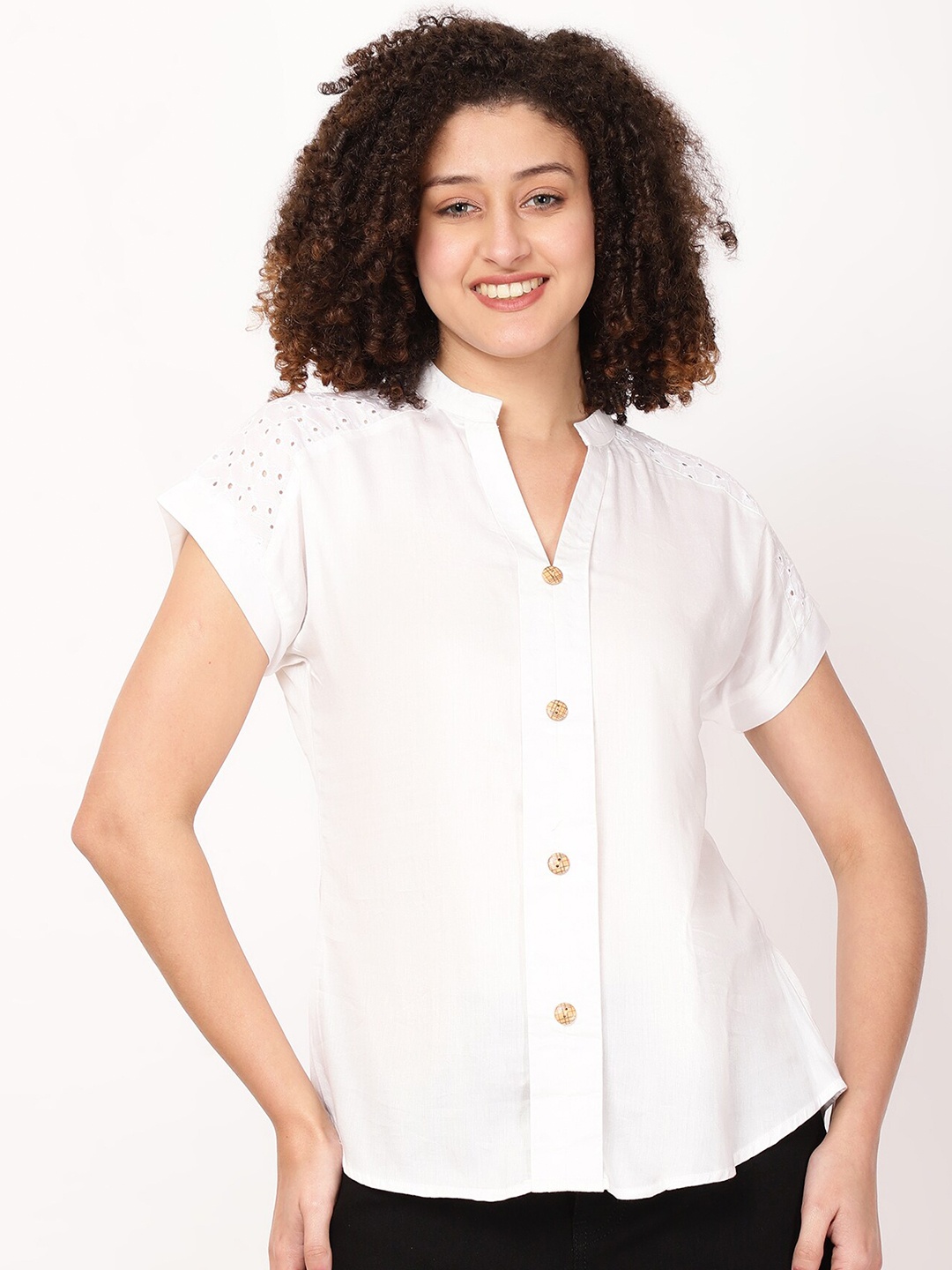 

FUTURO Self Design Mandarin Collar Extended Sleeves Shirt Style Top, White