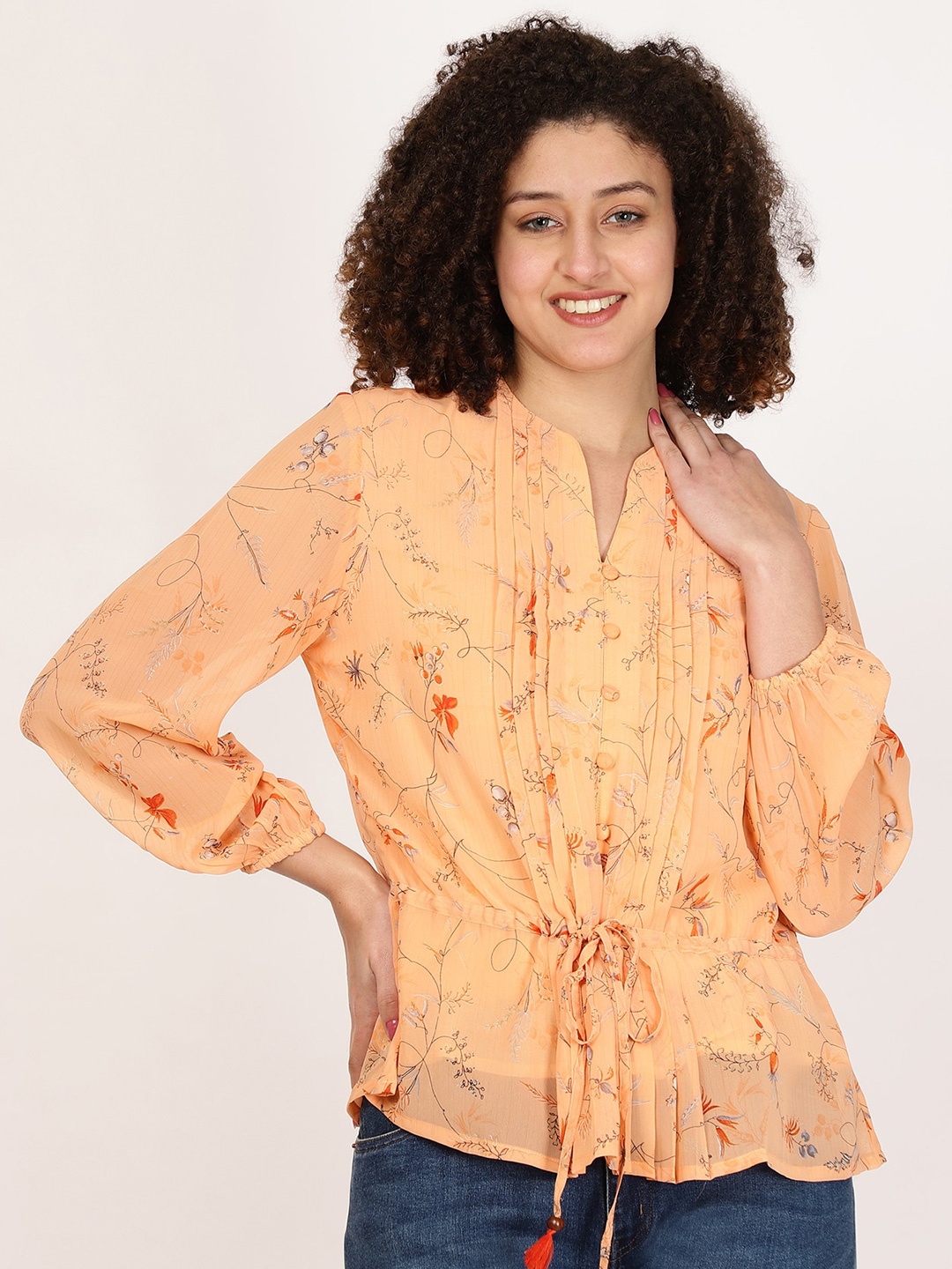 

FUTURO Floral Print Mandarin Collar Puff Sleeve Cinched Waist Top, Orange