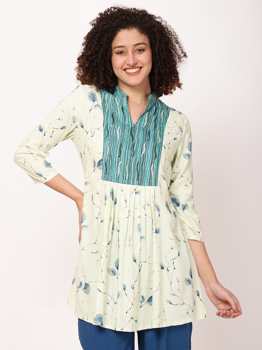 

FUTURO Floral Printed Mandarin Collar Gathered A-Line Top, Cream