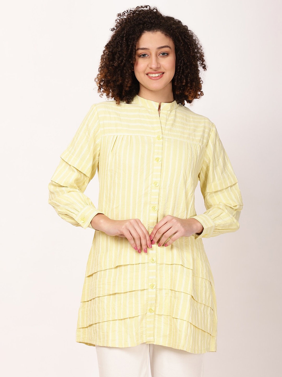 

FUTURO Striped Mandarin Collar Shirt Style Longline Top, Yellow