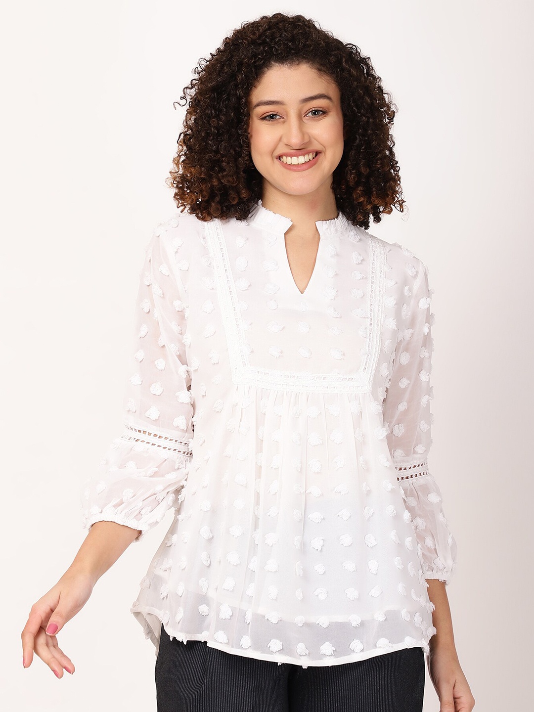 

FUTURO Self Design Mandarin Collar Puff Sleeve A-Line Top, White