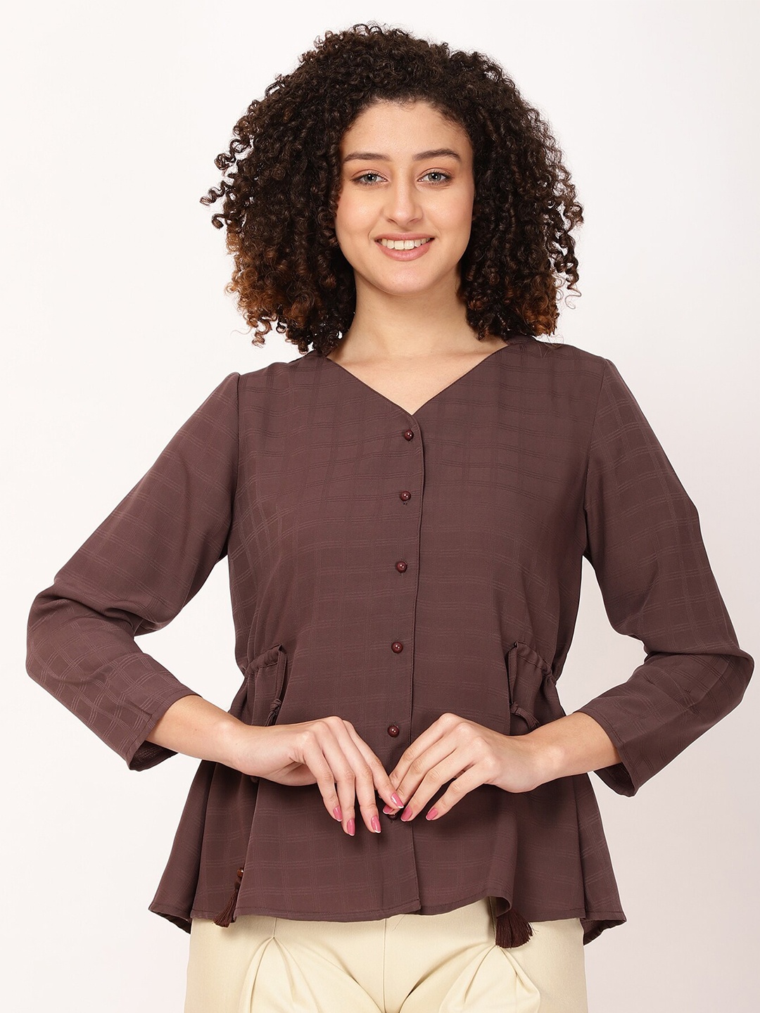 

FUTURO Checked Mandarin Collar Tie-Ups Detail Top, Brown