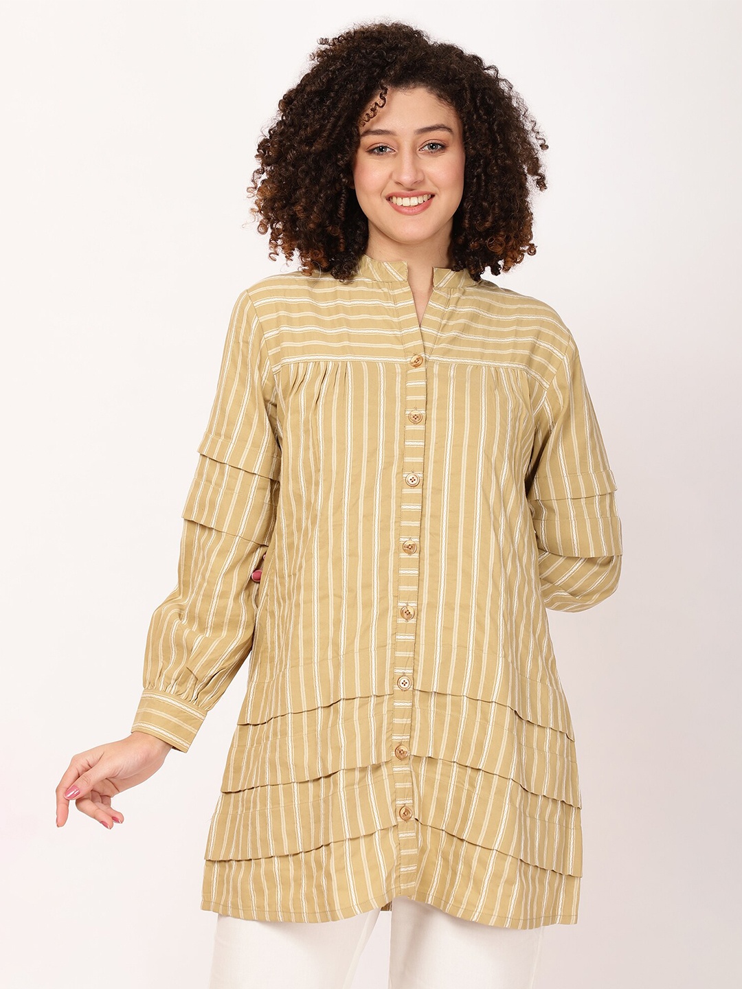 

FUTURO Striped Mandarin Collar Shirt Style Longline Top, Beige