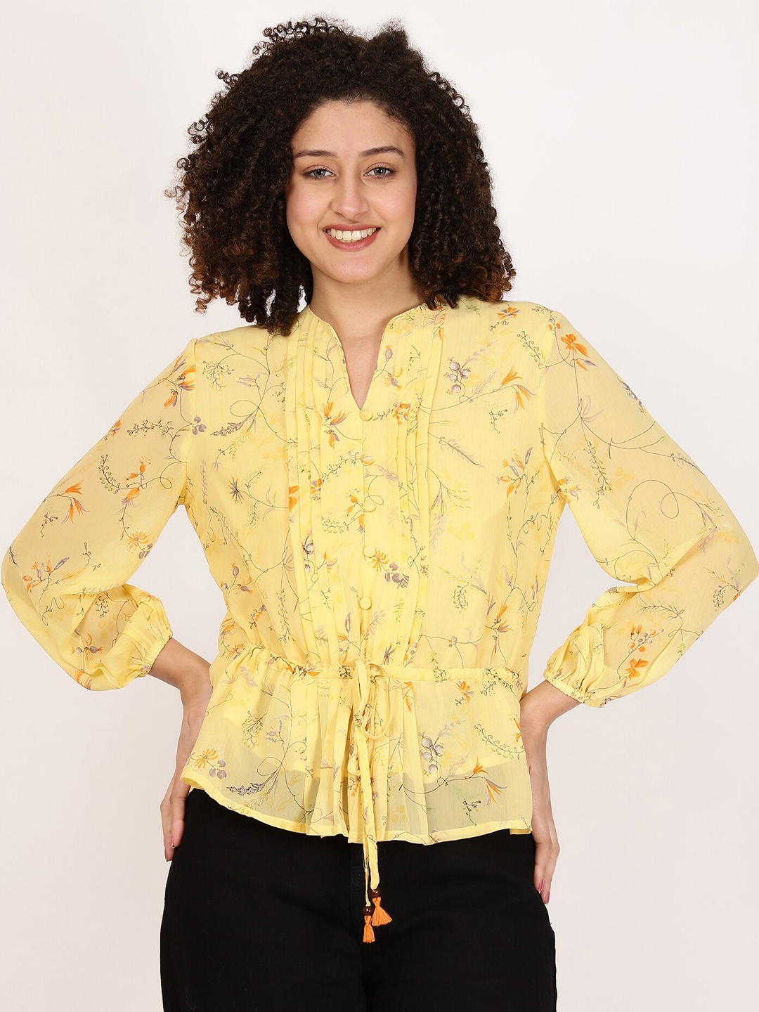 

FUTURO Floral Printed Mandarin Collar Cinched Waist Top, Yellow