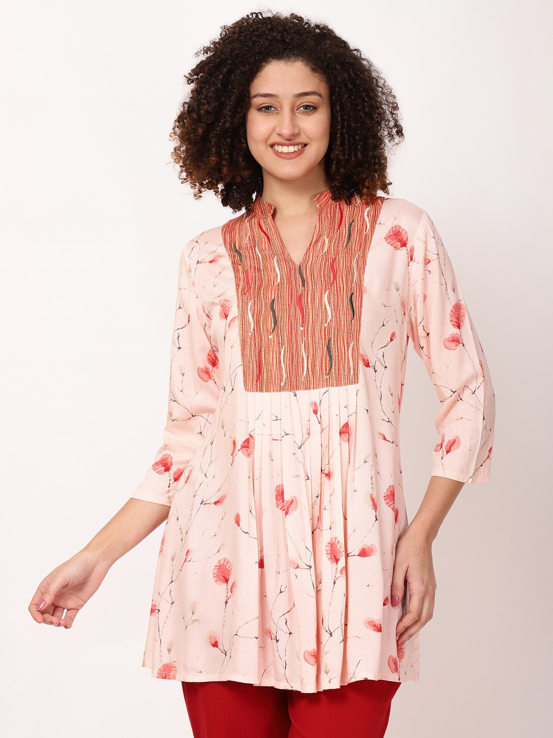 

FUTURO Floral Printed Mandarin Collar Tunic, Orange