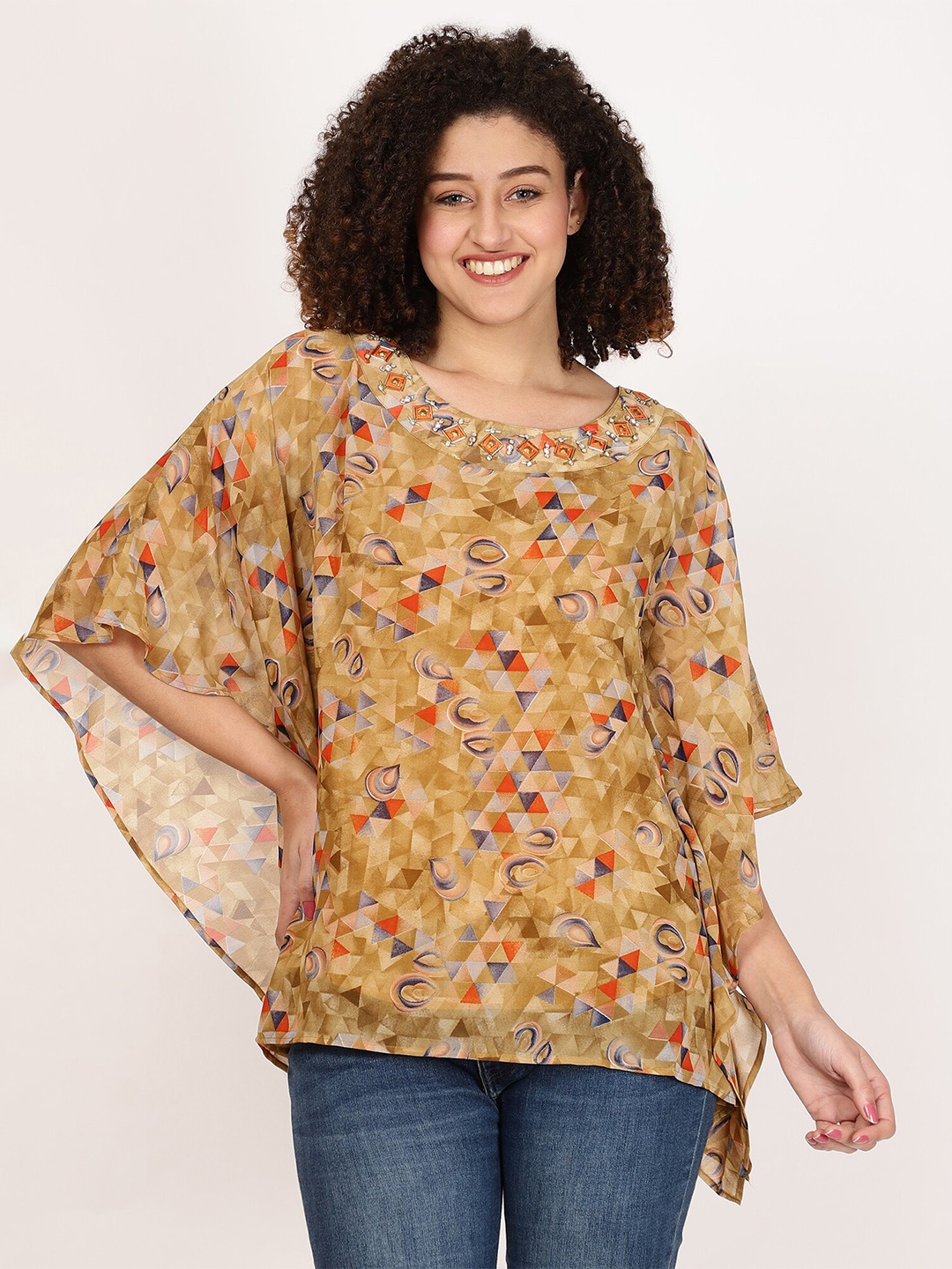 

FUTURO Floral Printed Kimono Sleeves Sequined Kaftan Top, Yellow
