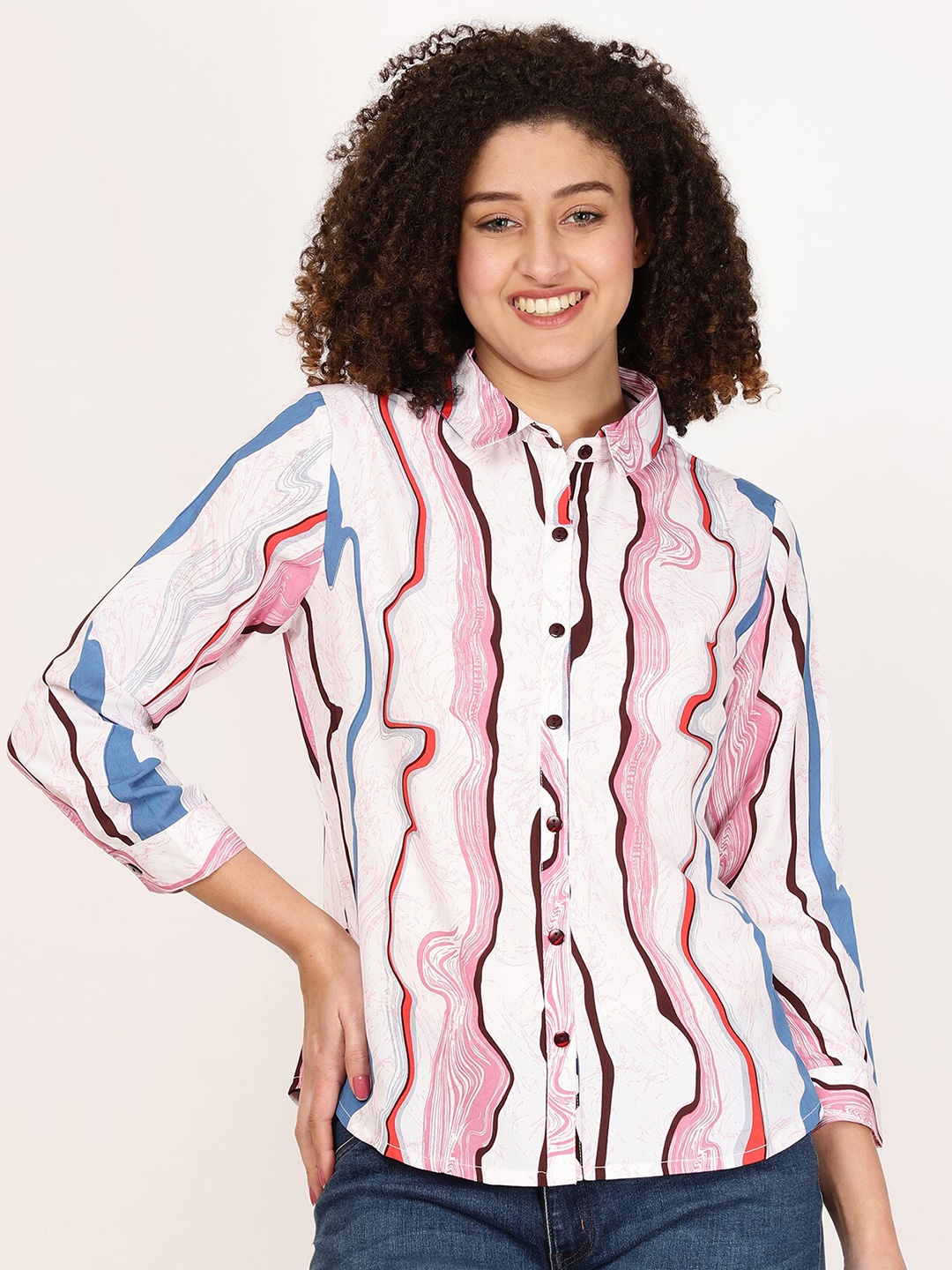 

FUTURO Abstract Printed Cuffed Sleeves Shirt Style Top, Pink