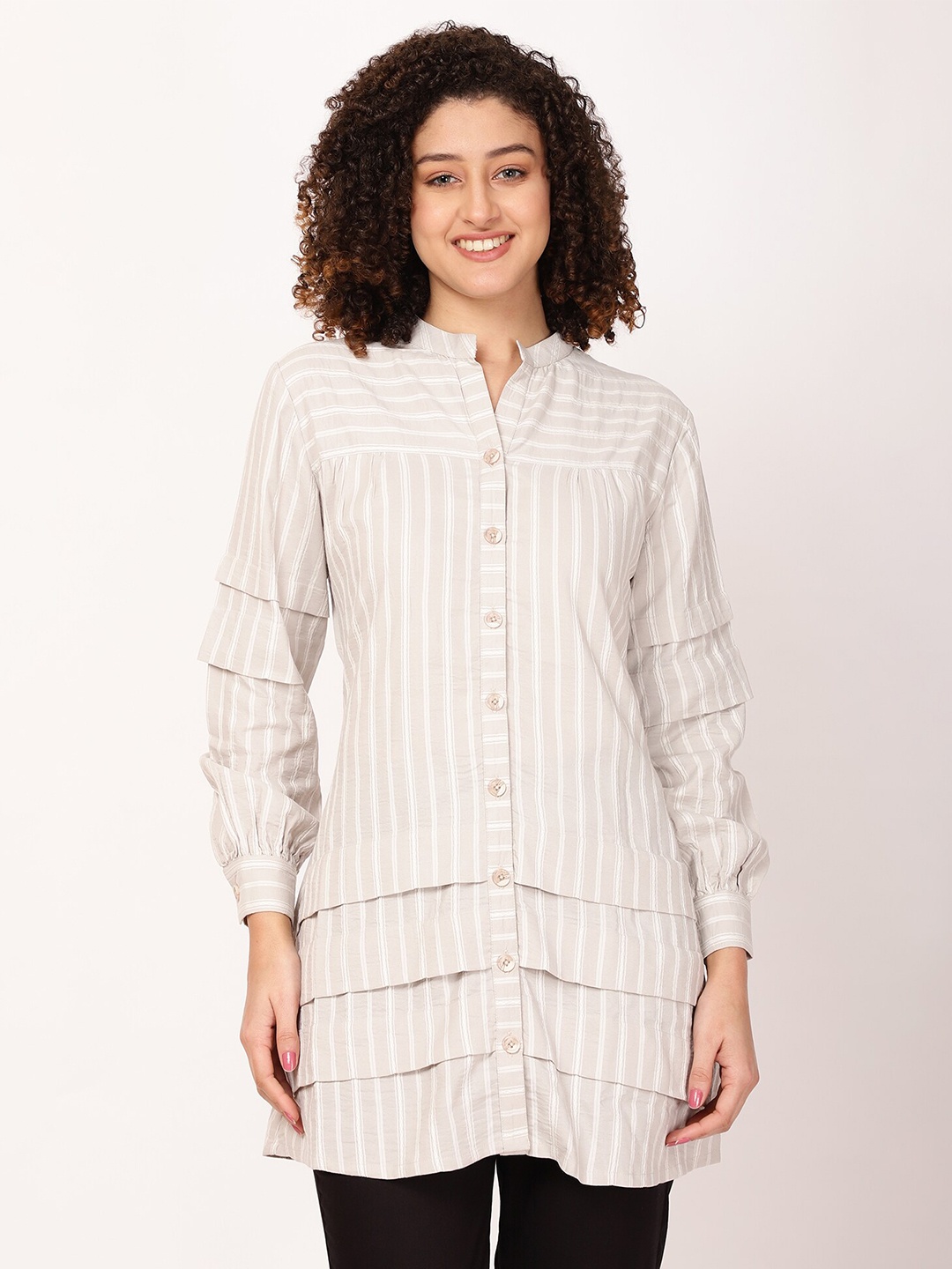

FUTURO Striped Mandarin Collar Shirt Style Longline Top, Grey